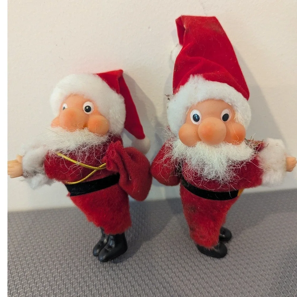 VTG Santa Claus Christmas Ornament/Decor Set of 2 Flocked Rubber Face Pinch